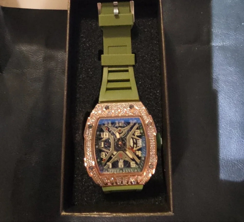 Rose Gold Diamond-Accent Olive Green Strap Mechanical Watch